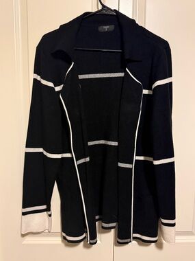 Tahari Black Cardigan with White Stripe Accents